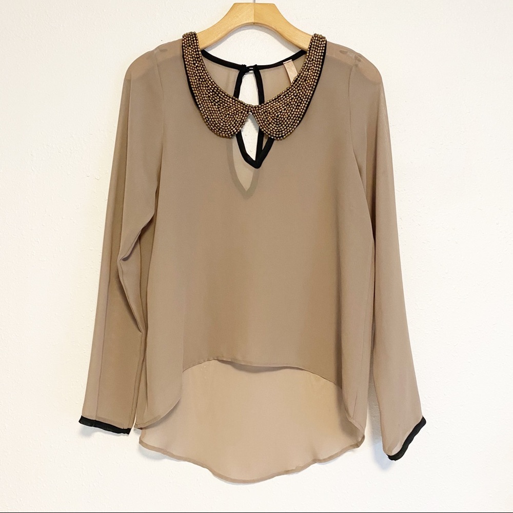 Trac USA sheer tan blouse beaded collar